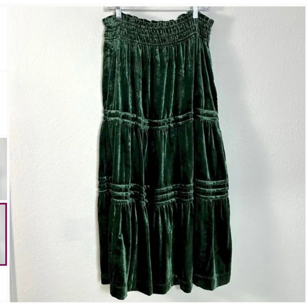Anthropologie Velvet Tiered Skirt SMALLGreen Whimsigoth Holiday Boho Pockets - Picture 6 of 8